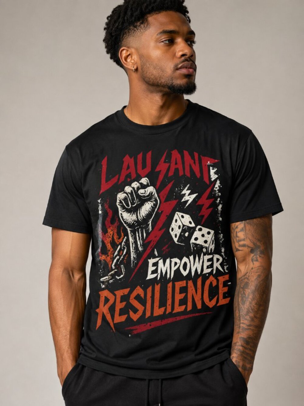 LAVANT Men’s Black Graphic T-Shirt – Empower Resilience Lightning Dice Tee